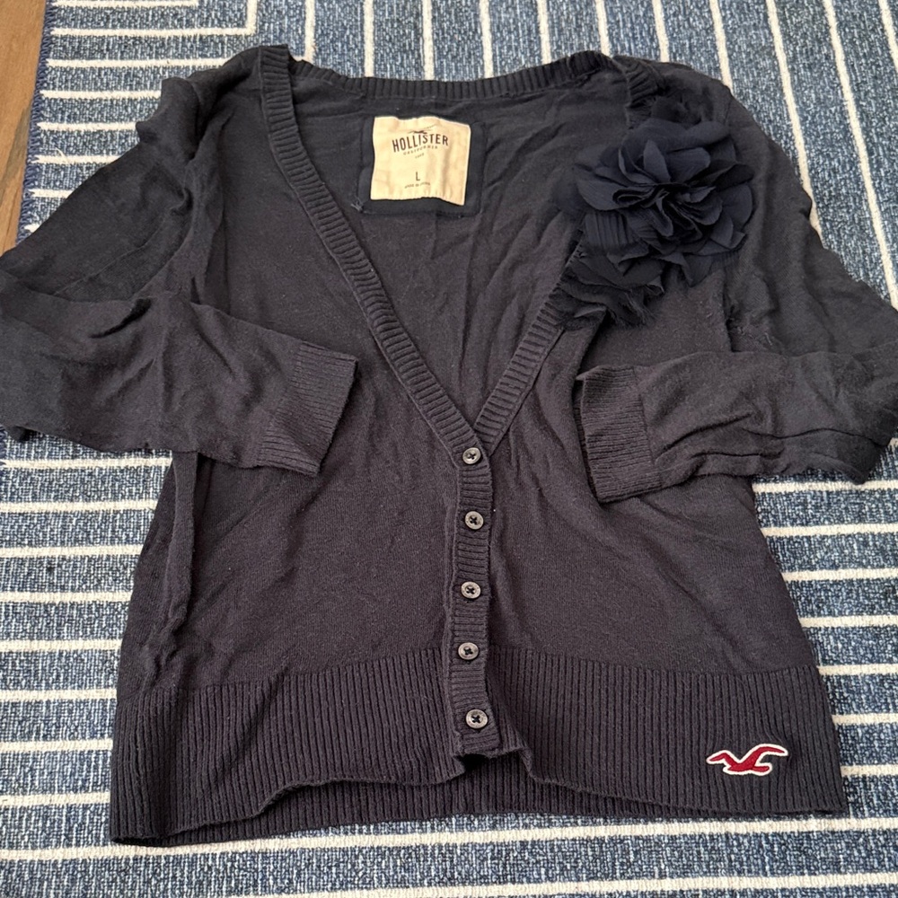 Hollister Women's Navy Cardigan with Floral Accent